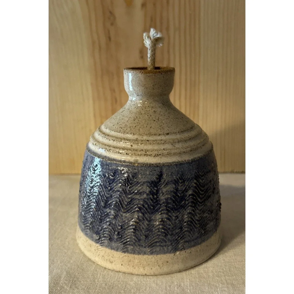 Handmade Stoneware Clay Pottery Glazed Oil Lamp 4.5 tall, Primitive Signed maker